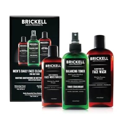 Image of Brickell Men&#039;s Daily Face Cleanse Routine for Oily Skin, Alcohol Free Toner, Gel Facial Wash and Moisturizer, Natural Organic, Unscented