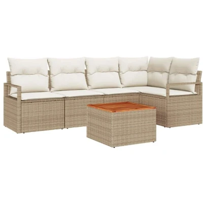 Image of vidaXL 6 Piece Garden Sofa Set with Cushions Beige Poly Rattan Acacia
