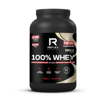 Image of Reflex Nutrition 100% Whey Protein 80% Pure EAA Amino Acids No Added Sugar Powder for Pre Workout &amp; Post Recovery (Vanilla, 720g, 24 Servings)