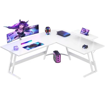 Image of Devoko L Shaped Gaming Desk 150x130x75cm With Removable Monitor Stand, Corner Computer LED Lights Large PC Writing Table for Home and Office,Easy to Assemble, White Frosted