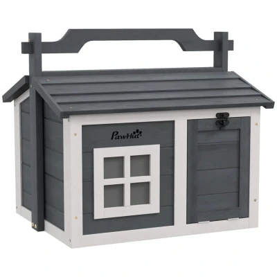 Image of PawHut Rabbit Hutch Cat House Puppy Guinea Pig Small Animal Portable Wooden Indoor Outdoor with 2 Rooms Top Handle, Openable Roof Grey