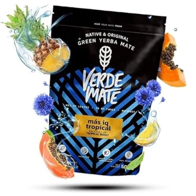 Image of Verde mate Mas IQ Tropical 0.5kg Yerbera Metal tin with dispenser yerba exotic fruits and guarana Stimulating Brazilian 500 g