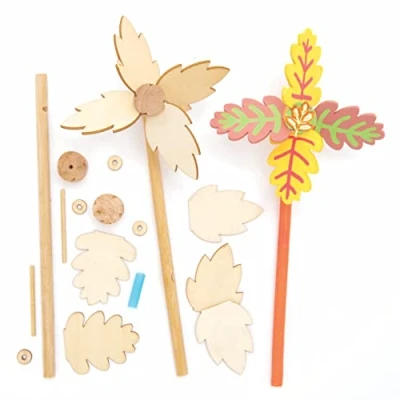 Image of Baker Ross FE648 Autumn Wooden Windmill Kits Pack of 4, Windmills for Garden, Make Your Own Wind Spinner, Crafts Children to Make, Decorate and Display