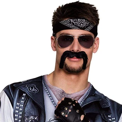 Image of Boland 01814 Moustache Biker, One Size, Black, Self Adhesive, Moustache, Rocker, Costume, Fancy Dress, Accessory, Carnival, Theme Party, Halloween