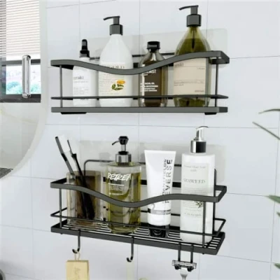 Image of KINCMAX Bathroom Shower Caddy 2 Pack, Self Adhesive Shelves with 4 Hooks, No Drill Caddy, Stainless Steel Shelf, Wall Mounted Shelf Inside Bathroom, Matte Black