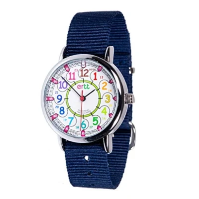 Image of EasyRead Time Teacher Watch Children For Kids Learn To Tell The 2 Step 12 24 Hr Face Analogue Easy Read Rainbow Dial Navy Blue Strap