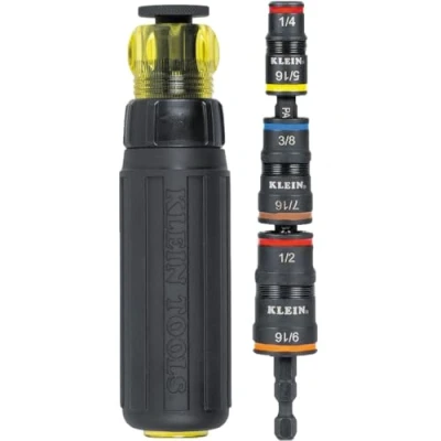 Image of Klein Tools 32910RCHT Impact Driver, 7 in 1 SAE Socket Set with Ratcheting Handle, Flip 6 Hex Driver Sizes Plus a 1/4 Inch Bit Holder