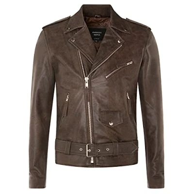 Image of Men&#039;s Leather Vintage Brown Brando Biker Jacket Rock Motorcycle Retro Hide 6XL