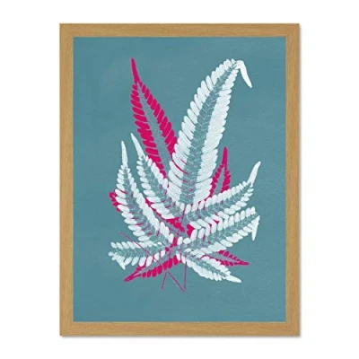 Image of Wee Blue Coo Bright Coloured Fern Teal Pink Large Light Oak Framed Art Print Wall Poster 18x24 inch