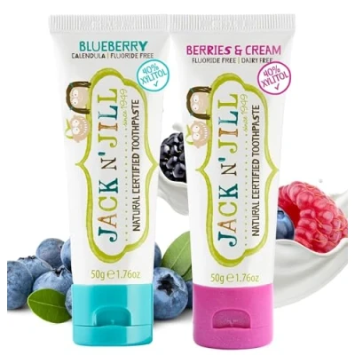 Image of Jack N&#039; Jill Natural Certified Toothpaste Baby &amp; Toddler Toothpaste, Fluoride Free, 40% Xylitol, Sugar Safe from 6 Months, Makes Brushing Fun, Organic Blueberry and Berries Cream, 2 x 50g