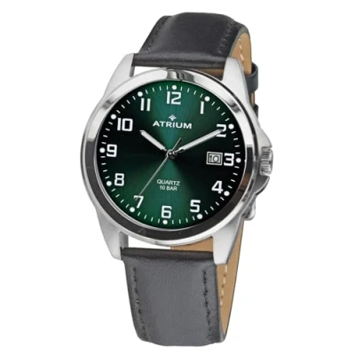 Image of Atrium A16 16 Men&#039;s Watch Stainless Steel Analogue Quartz 10 Bar with Date, Luminous Hands, Very Clear Dial Dark Green and Black Leather Strap, silver, Classic