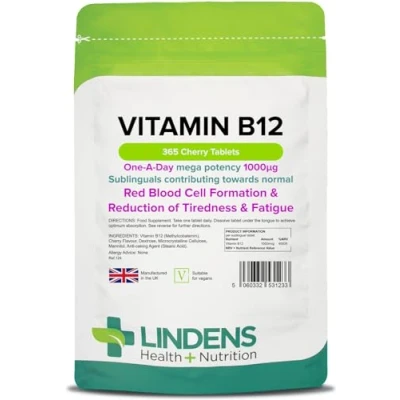 Image of Lindens Vitamin B12 1000mcg Sublingual Tablets 365 Pack Contributing Towards Red Blood Cell Formation, Reduction of Tiredness &amp; Fatigue