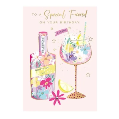 Image of Special Friend Birthday Card, Gin Bottle &amp; Glass Design, Gold Foil Finish