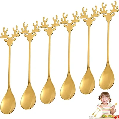 Image of 6 Pieces Stainless Steel Coffee Spoon, Christmas Teaspoons Creative Cute Elk Spoon Small Dessert Spoon(Gold)