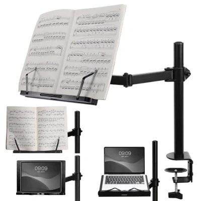 Image of Navaris Book Stands with Clamp Holder for Reading Bamboo Books Stand Works Music, E Readers or Tablets 34 x 45 55 cm (13.39 17.72 21.65&quot;)