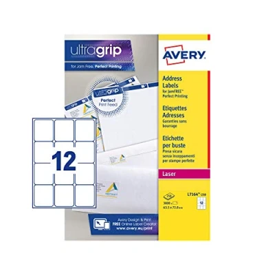 Image of Avery Printable, Customisable Address Mailing Labels, Laser Printers, 12 Labels Per A4 Sheet, 3000 UltraGrip (L7164), White, 250 Sheets