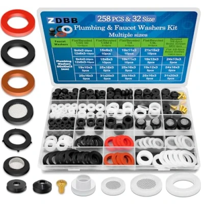 Image of ZDBB 258 Pcs 2 in 1 Spigot Washer &amp; Hose Gasket Kit for Assorted Outdoor Tap Garden Valve Stem Worn Out Plumber Outside Faucet Bib Shower Repair Set