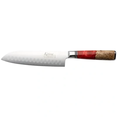 Image of Katana Saya Elements 18 cm Santoku Knife, Volcanic Red, VG 10 Damascus Steel with Olivewood &amp; Resin Handle, (KER 02)
