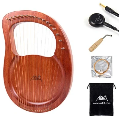 Image of AKLOT Lyre Harp,16 Metal Strings Bone Saddle Mahogany Lye Harp with Tuning Wrench and Black Gig Bag
