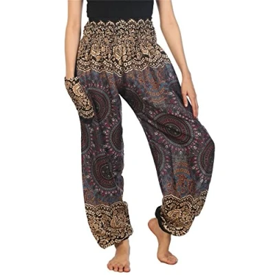 Image of Lofbaz Harem Pants for Women Hippie Boho Festival Clothing Bohemian Trousers Yoga Beach Summer Smocked Waist with Pockets Rose 2 Grey S
