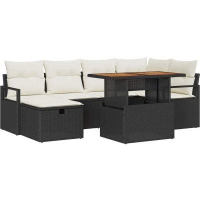 Image of vidaXL 7 Piece Garden Sofa Set with Cushions Black Poly Rattan
