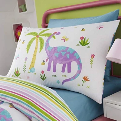 Image of Happy Linen Company Kids Girls Dinosaur Park Jurassic Pink T Rex Dino White Reversible Pair Of Pillow Cases