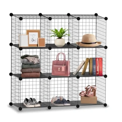 Image of Knight 9 Cube Interlocking Storage Rack with Metal Wire Mesh Shelves Bookcase Multifunctional Fence Display Stand Unit Cabinet Large Capacity Free Rubber Mallet