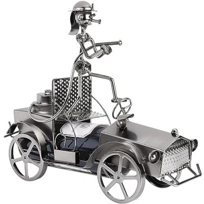 Image of BRUBAKER Wine Bottle Holder Fire Engine with Fireman Metal Sculpture Rack Decor Tabletop incl. Gift Card