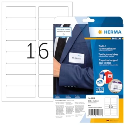 Image of HERMA Self Adhesive Clothing Labels, 16 Labels per A4 Sheet, 20 Sheets, 88.9 x 33.8 mm, 320 Blank Removable Name Stickers, Sticky Textile for Laser &amp; Inkjet Printer, White