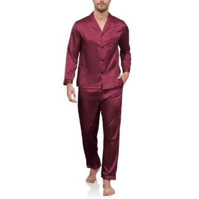 Image of Reliwel Mens Pyjamas Set Silk Long Sleeve Button down Shirt and Pants two Pieces Winter Silky Pjs Sets Notch Collar Warm Loungewear Sleepwear Nightwear S Xxl Wine Red