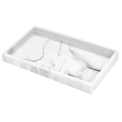 Image of Luxspire Bathroom Vanity Tray, Resin Dresser Jewelry Ring Dish Tank Storage Kitchen Sink Countertop Organizer Plate Holder for Perfume Candles Soap Towel Plant Accessories, M, White Marble