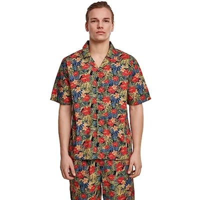 Image of Urban Classics Men&#039;s Pattern Resort Shirt Casual, Multicolour (Black/Tropical 02050), Small