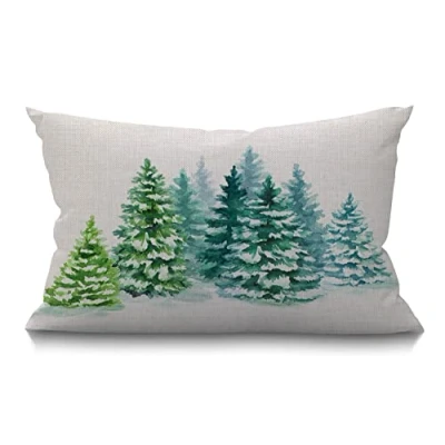 Image of BGBDEIA Watercolor Painting Cushion Cover Farmhouse Coniferous Trees Winter Snow Landscape Green Decorations Pillow Case for Sofa Couch Cotton Linen 30 x 50 cm 12x20 Inches
