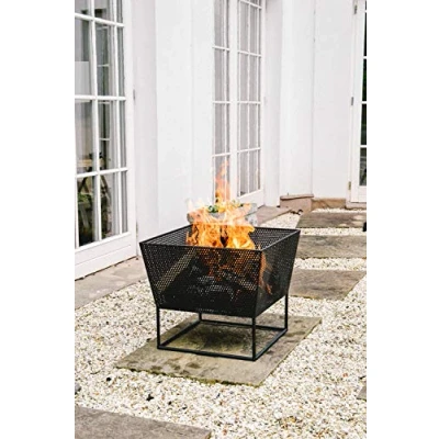 Image of Ivyline Norfolk Square Firebowl with Stand in Black UV Stable &amp; Frost Resistant Decorative Contemporary Stylish Outdoor Firepit H44.5cm x W52cm