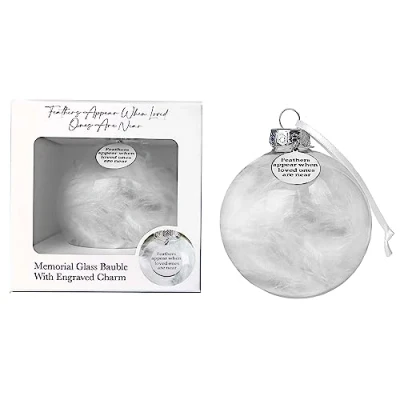 Image of Memorial Glass Bauble with Engraved Charm 7cm Feather Filled Christmas Tree Decoration Tribute to Lost Loved Ones