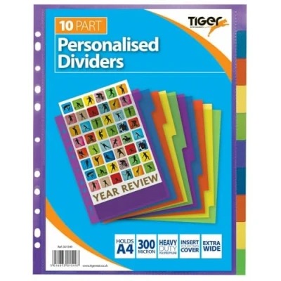 Image of Tiger A4 Extra Wide 10 Part Personalised Polypropylene Dividers