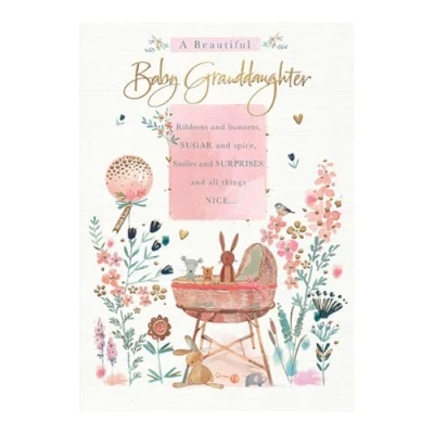 Image of Words n Wishes Beautiful Baby Granddaughter New Card Moses Basket Woodland Animals Flowers Balloons