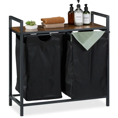 Image of Relaxdays Laundry Basket, HxWxD: 72 x 73 33 cm, Bathroom Rack, 2 Pull out Compartments, Collector, Black/Brown, Steel