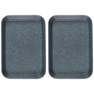 Image of Russell Hobbs COMBO 8284 Deep Roasting Pan Set of 2, Non Stick Carbon Steel Roaster, Tall Sides Tray for Meats, Vegetables, Large Oven Tin, Family Size, Nightfall Stone Collection, Blue Marble, 39 cm