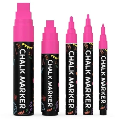 Image of 5 Pink Chalkboard Chalk Pens Dry Erase Markers for Blackboard, Signs, Windows, Glass Variety Pack Fine &amp; Jumbo Size Ink Pen (1mm, 3mm, 6mm, 10mm, 15mm)