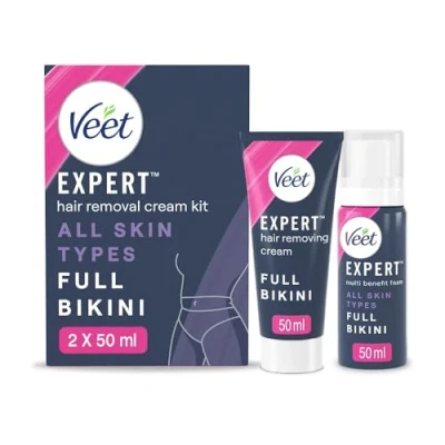 Image of Veet Hair Removal Cream Kit, Bikini 50ml, Moisturiser Foam Expert For Genitals, Pubic Removal, Shea Butter, Smooth Skin