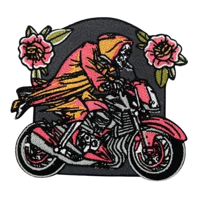 Image of Iron On Patch Ghost Biker Motorcycle Cowl Patches, Skull Back with Flowers, Large for Vest Finally Home, Black, red, orange, Etwas größer