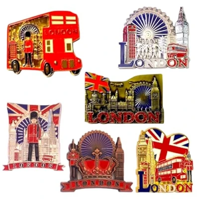 Image of 6 London Metal Magnets, England British Souvenir Fridge Magnet, Union Jack Magnet