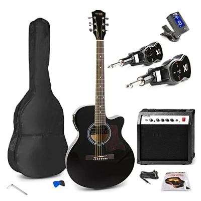 Image of Max ShowKit Wireless Electric Acoustic Guitar with 40W Combo Amplifier, Tuner, Strap, Extra Strings and Picks Black