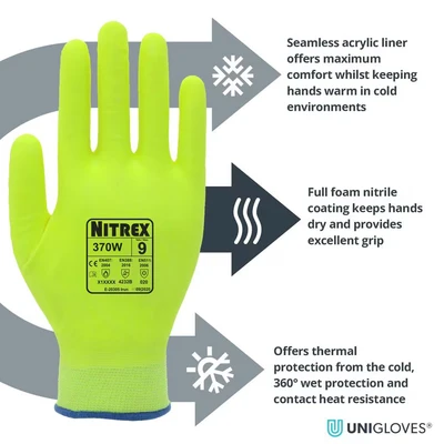 Image of Unigloves Nitrex 370W 10 pairs Thermal Work Gloves for Wet and Dry Environments with Fully Coated Foam Nitrile Double Liner, in High Visibility Yellow