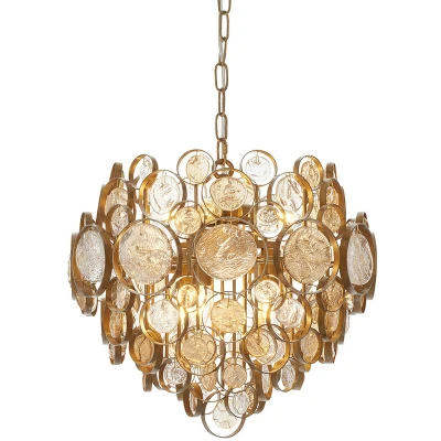 Image of Carbonia 6 Light Ceiling Pendant Antique Gold Paint, Clear &amp; Amber Glass