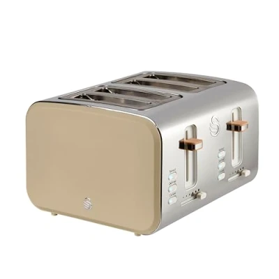 Image of Swan ST14620OAT Nordic 4 Slice Toaster with 6 Browning Levels, Defrost/Reheat/Cancel, Removable Crumb Trays, Cord Storage, 1500W, Oatmeal