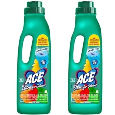 Image of ACE Ultra For Colours Stain Remover Clothes Pack of 2 (1L Each) Powerful Laundry Cleaner Bright, Removes Stains and Odours