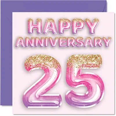 Image of Pretty Silver Anniversary Card for Wife Girlfriend Husband Boyfriend Pink Purple Glitter Balloon Happy 25th Cards from Family, 145mm x Greeting Twenty Fifth Anniversaries