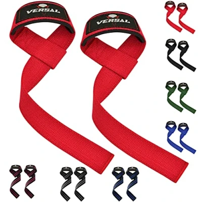 Image of VERSAL VSL Weight Lifting Straps Neoprene Padded Wrist Wraps, 100% Cotton Hand Bar Grips Support Gym for Deadlift Powerlifting Crossfit Strength Training Weightlifting (Red)